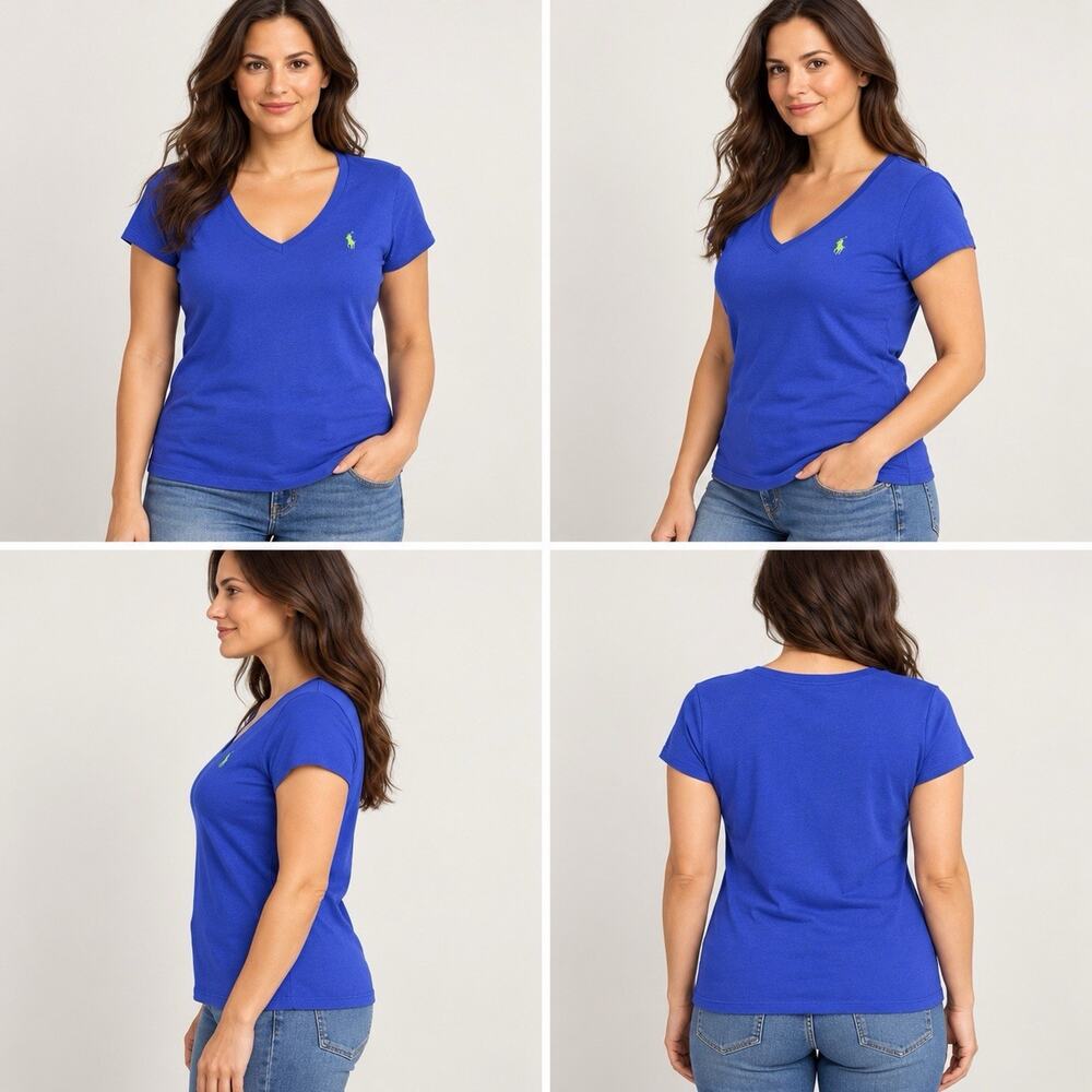 Ralph Lauren Women’s XL Blue V Neck T Shirt Green Pony Short Sleeve